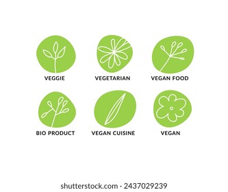 Vector linear icons set for vegan food diet. Marks for different products and dishes