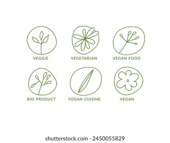 Iconos lineales de Vector establecidos para la dieta de alimentos veganos. Marcas para diferentes productos y platos