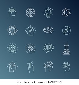 Vector linear icons and sign related to human mind, personal growth, mental health, idea generating and thinking - set of abstract concepts and logo design elements in mono line style