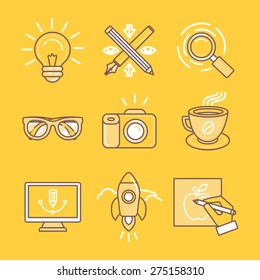 Vector linear icons and signs in yellow colors related to graphic design, branding and drawing