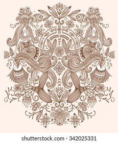 vector linear illustration of abstract mermaids, waves and fishes