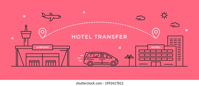 Ilustración vectorial lineal con construcción aeroportuaria, hotel y minivan. Traslado del aeropuerto al hotel. Concepto para viajes y negocios de transporte, servicio de taxi. Iconos de contorno. Banner de Internet.