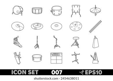 Vektorgrafik Lineardarstellung aller 20 Drum-Kit-Komponenten und Zubehörteile. Schwarz-Weiß-Linienart, die verschiedene Musikinstrumente und Werkzeuge zusammen zeigt.