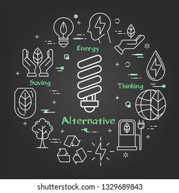Vector linear illustration of alternative lamp bulb. Several outline eco icons around. Web banner for ecology, innovations types of energy on black chalk board background