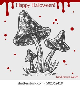 Vector linear illustration of the amanita,blood stains,spots,text Happy Halloween on the grey background.Hand drawn sketch of the mushrooms,grass.Image for your design in vintage style.