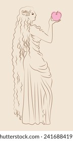 Vector linear illustration of the ancient goddess of love and beauty Aphrodite, Venus, who stands in full growth with a rose in her hair and a heart-shaped apple in her hand.