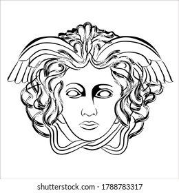 Vector linear illustration of an antique character. An isolated image of Medusa gorgon. The character of ancient Roman mythology.