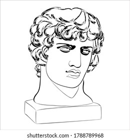 Vector linear illustration of an antique character. An isolated image of a portrait of Antinous. The character of ancient Roman mythology.