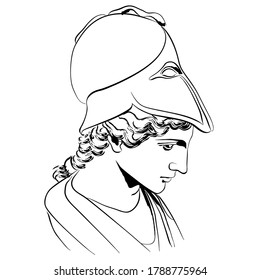 Vector linear illustration of an antique god. An isolated image of the goddess of sciences and crafts Athena. The nature of ancient Roman mythology.