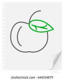 Vector linear illustration of an apple with a green leaf on a sheet of paper with a curved corner and holes from springs, school line icon