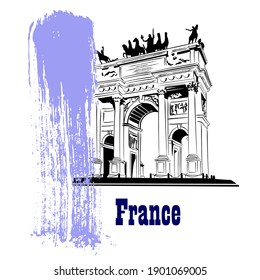 Vector linear illustration of architecture of France. Artistic representation of the Arc de Triomphe in Paris.