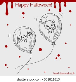Vector linear illustration of balloons with blood stains and text Happy Halloween on the grey background.Hand drawn sketch of balloons with bat and skull face.Image in vintage style for your design.