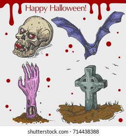 Vector linear illustration of the bat, zombie's hand, headstone, angry human skull, blood stains, text Happy Halloween on the grey background. Hand drawn sketch of the set with Halloween objects.