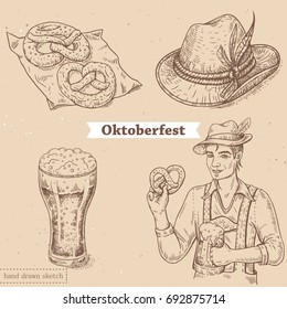 Vector linear illustration of bavarian man with glass of beer, pretzel on textured paper background. Hand drawn sketch in vintage style of set with german man, oktoberfest food, beer,hat, pretzel.