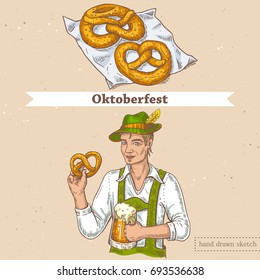 Vector linear illustration of bavarian man with glass of beer, holding pretzel on textured paper background. Hand drawn color sketch in vintage style of set with german man, oktoberfest food.
