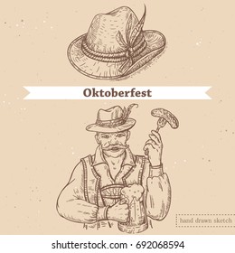 Vector linear illustration of bavarian old man with glass of beer and hat with feather on textured paper background. Hand drawn sketch in vintage style of set with german man, oktoberfest fashion.