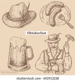 Vector linear illustration of bavarian old man with glass of beer, hat on textured paper background. Hand drawn sketch in vintage style of set with german man, oktoberfest food, sausages.