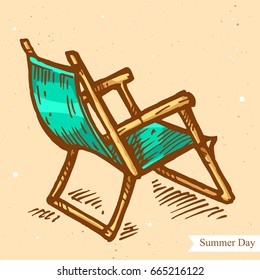 Vector linear illustration of beach chair isolated on paper background with abstract texture. Hand drawn color sketch in retro style of chaise-longue on the seaside. Image in vintage style for design.