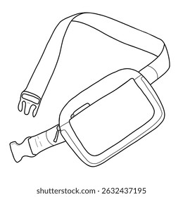 Vector linear illustration of a belt bag. Fashionable and practical summer accessory, perfect for travel, festivals and everyday outfits. Isolated on white background.