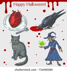 Vector linear illustration of the black raven, angry cat, wicked witch, heart on the plate,blood stains,text Happy Halloween on the grey background. Hand drawn sketch of the set with Halloween objects