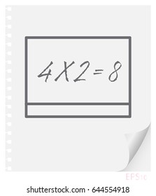 Vector linear illustration of a blackboard with an inscription on a sheet of paper with a curved corner and holes from springs, a school line icon.