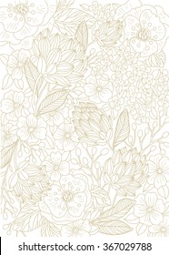 vector linear  illustration of blooming flowers and plants. Can be used as a coloring book template