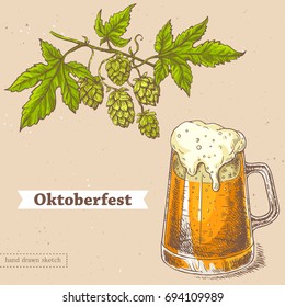 Vector linear illustration of blooming hop, big glass of beer. Hand drawn color sketch of oktoberfest objects, food. Image in vintage style with abstract paper background.