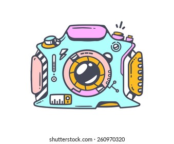 Vector linear illustration of blue photo camera on white background. Color hand draw line art design for web, site, advertising, banner, poster, board and print.
