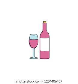 Vector linear illustration of bottle of wine with glass. Wine bar logo sign. Golden color