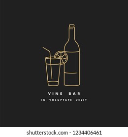 Vector linear illustration of bottle of wine with glass. Wine bar logo sign. Golden color