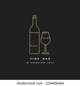 Vector linear illustration of bottle of wine with glass. Wine bar logo sign. Golden color