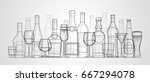 Vector linear illustration of bottles and glasses of alcohol. Alcohol drinks white background.