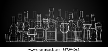 Vector linear illustration of bottles and glasses of alcohol. Alcohol drinks dark background.