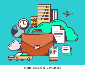 Vector linear illustration of brown business case in town on blue background. Color hand draw line art design for web, site, advertising, banner, poster, board and print.