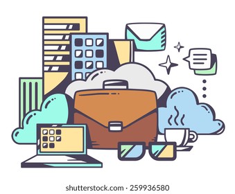 Vector linear illustration of brown business case in town on white background. Color hand draw line art design for web, site, advertising, banner, poster, board and print.