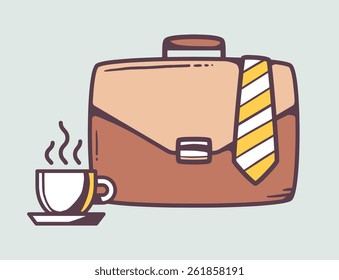Vector linear illustration of brown business case with cup of coffee and tie on gray background. Color hand draw line art design for web, site, advertising, banner, poster, board and print.