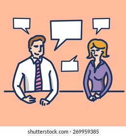 vector linear illustration of businessman interview communication and dialogue soft skills concept  | modern flat design colorful cartoon icon isolated on orange background
