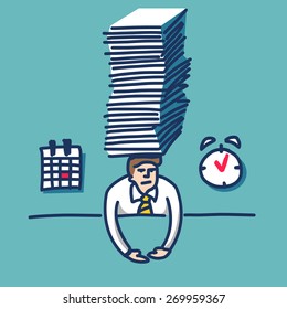 vector linear illustration of businessman under pressure because of coming deadline | simply modern flat design colorful cartoon icon isolated on green background