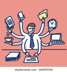 vector linear illustration of businessman workaholic and multitasking | simply modern flat design colorful cartoon icon isolated on red background