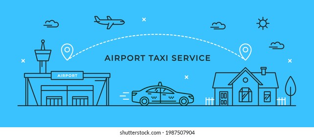 Ilustración vectorial lineal con un taxi que va desde el edificio del aeropuerto hasta la casa. Concepto de traslado y servicio de taxi. Iconos del contorno de la terminal del automóvil, casa y aeropuerto. Un elegante volante o pancarta.