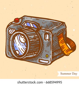 Vector linear illustration of camera on summer beach isolated on paper background with abstract texture. Hand drawn color sketch in retro style of photo camera. Image in vintage style for design.