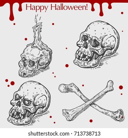 Vector linear illustration of the candle, human skull, crossed bones with blood stains,spots,drops and text Happy Halloween on the grey background. Hand drawn sketch of the set with Halloween objects.