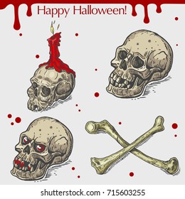 Vector linear illustration of the candle, human skull, crossed bones with blood stains,spots,drops and text Happy Halloween on the grey background. Hand drawn sketch of the set with Halloween objects.