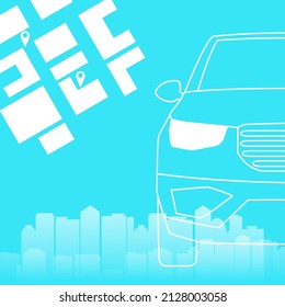 Vector linear illustration with car and city map. The concept of transfer and taxi service. Stylish flyer or web banner.
