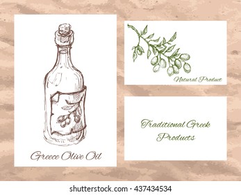 Vector linear illustration of the card with olive branch,glass bottle of the olive oil and text Traditional Greek Products on the textured old paper background. Vector hand drawn sketch for menu, cafe