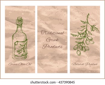 Vector linear illustration of the cards with olive branch,glass bottle of the olive oil and text Traditional Greek Products on the textured old paper background.Vector hand drawn sketch for menu,shop.