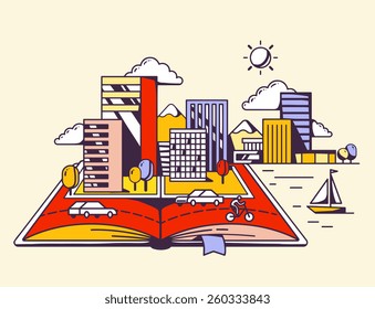 Vector linear illustration of cartoon open book with modern city on yellow background. Color hand draw line art design for web, site, advertising, banner, poster, board and print.