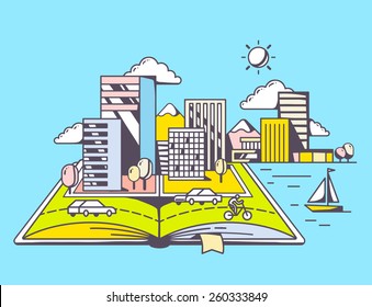 Vector linear illustration of cartoon open book with modern city on blue background. Color hand draw line art design for web, site, advertising, banner, poster, board and print.