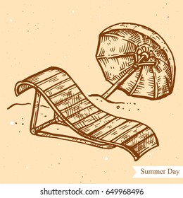 Vector linear illustration of chaise-longue, umbrella on summer beach isolated on paper background with abstract texture. Hand drawn sketch in retro style. Image in vintage style for design.
