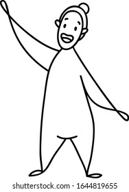 Vector linear illustration with a character pointing to something at the top or greeting somebody.